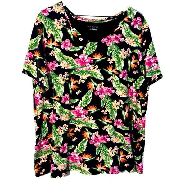 Catherines Black and Pink Floral Short Sleeve T-Shirt Women’s 14/16W. - Picture 1 of 10